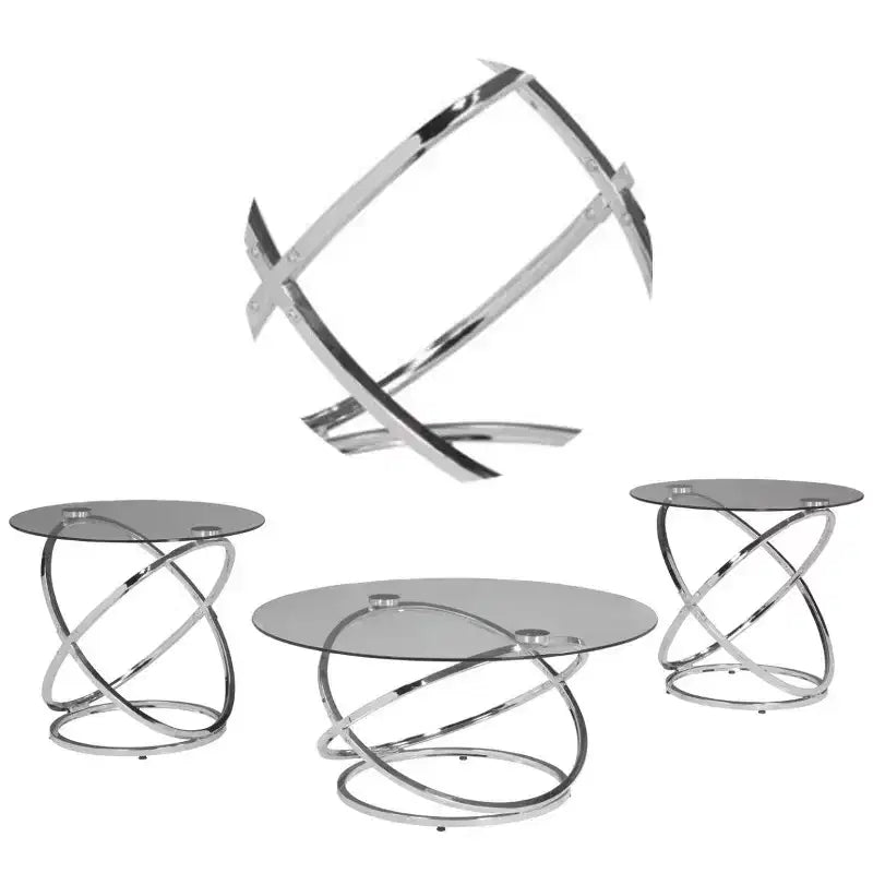 Tavolino da Caffè e Tavolini d'Appoggio (Set da 3 Pezzi) | Piani Rotondi in Vetro con Basi a Spirale in Acciaio Cromato