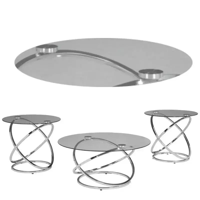 Tavolino da Caffè e Tavolini d'Appoggio (Set da 3 Pezzi) | Piani Rotondi in Vetro con Basi a Spirale in Acciaio Cromato