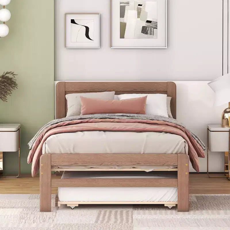 Struttura letto a piattaforma moderna Okak Twin con rotelle estraibili e 2 cassetti portaoggetti, in legno robusto, silenziosa, non richiede molle, facile da montare