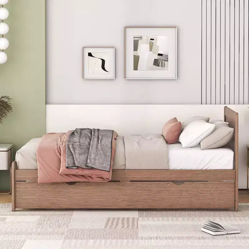 Struttura letto a piattaforma moderna Okak Twin con rotelle estraibili e 2 cassetti portaoggetti, in legno robusto, silenziosa, non richiede molle, facile da montare
