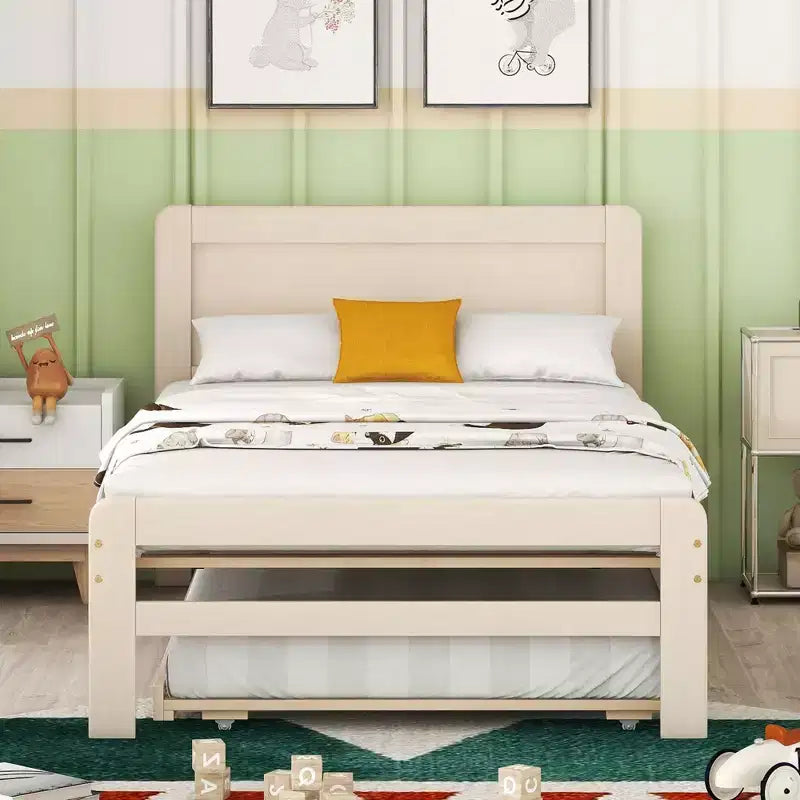Struttura letto a piattaforma moderna Okak Twin con rotelle estraibili e 2 cassetti portaoggetti, in legno robusto, silenziosa, non richiede molle, facile da montare