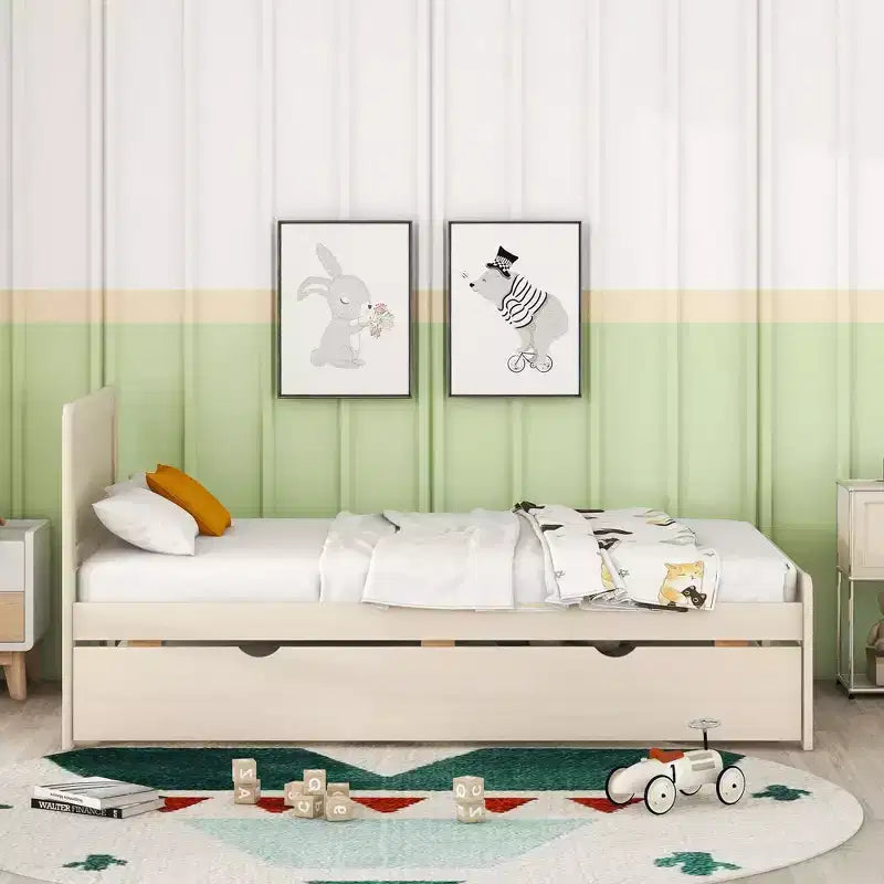 Struttura letto a piattaforma moderna Okak Twin con rotelle estraibili e 2 cassetti portaoggetti, in legno robusto, silenziosa, non richiede molle, facile da montare