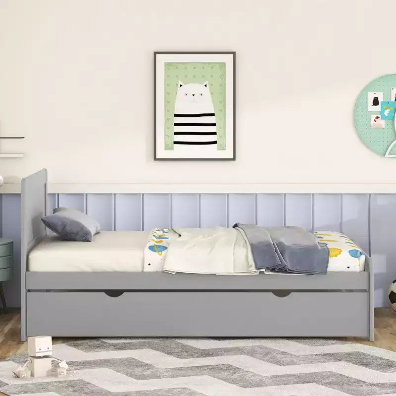 Struttura letto a piattaforma moderna Okak Twin con rotelle estraibili e 2 cassetti portaoggetti, in legno robusto, silenziosa, non richiede molle, facile da montare