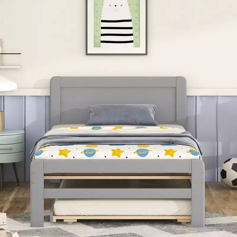 Struttura letto a piattaforma moderna Okak Twin con rotelle estraibili e 2 cassetti portaoggetti, in legno robusto, silenziosa, non richiede molle, facile da montare