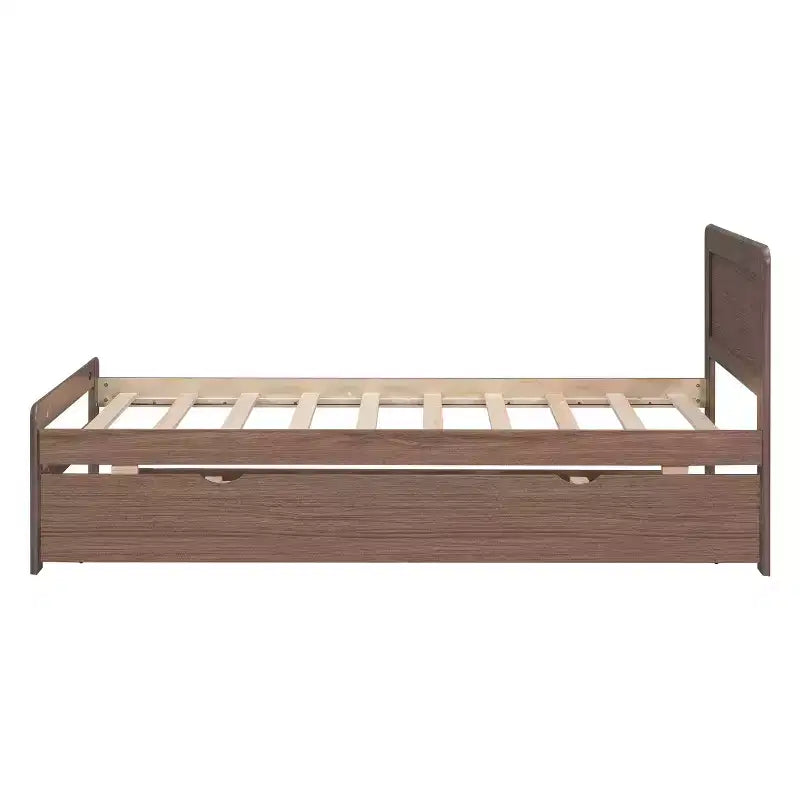 Struttura letto a piattaforma moderna Okak Twin con rotelle estraibili e 2 cassetti portaoggetti, in legno robusto, silenziosa, non richiede molle, facile da montare