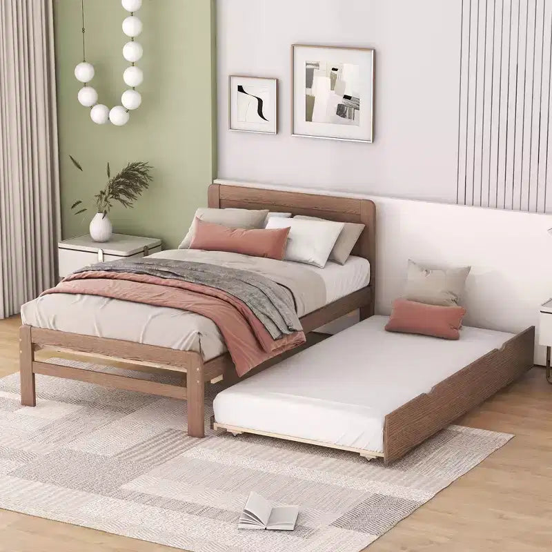 Struttura letto a piattaforma moderna Okak Twin con rotelle estraibili e 2 cassetti portaoggetti, in legno robusto, silenziosa, non richiede molle, facile da montare