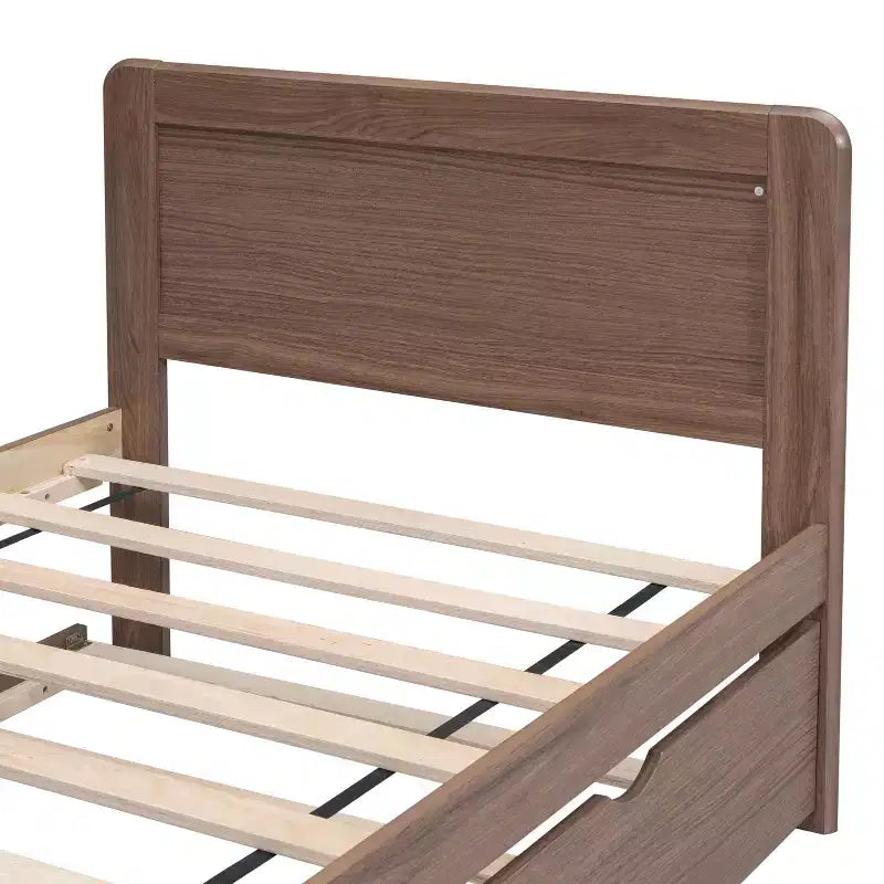 Struttura letto a piattaforma moderna Okak Twin con rotelle estraibili e 2 cassetti portaoggetti, in legno robusto, silenziosa, non richiede molle, facile da montare