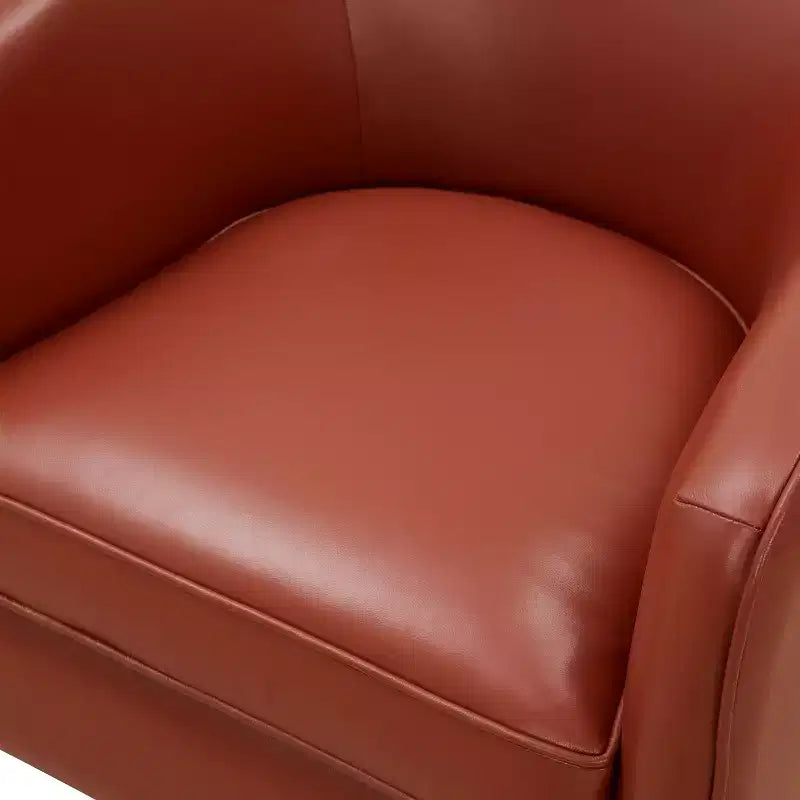 Poltrona girevole a 360° Okak in pelle pieno fiore con morbido cuscino, poltrona a barilotto con base in legno per soggiorno, ufficio, camera da letto