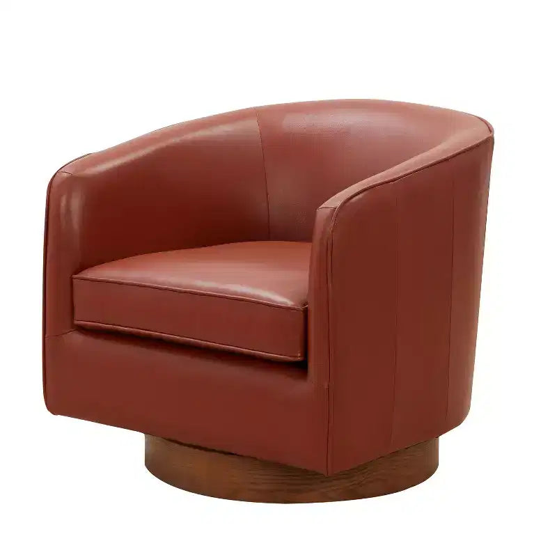 Poltrona girevole a 360° Okak in pelle pieno fiore con morbido cuscino, poltrona a barilotto con base in legno per soggiorno, ufficio, camera da letto