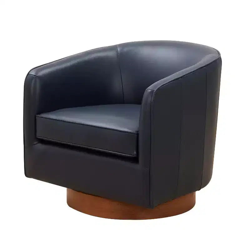 Poltrona girevole a 360° Okak in pelle pieno fiore con morbido cuscino, poltrona a barilotto con base in legno per soggiorno, ufficio, camera da letto