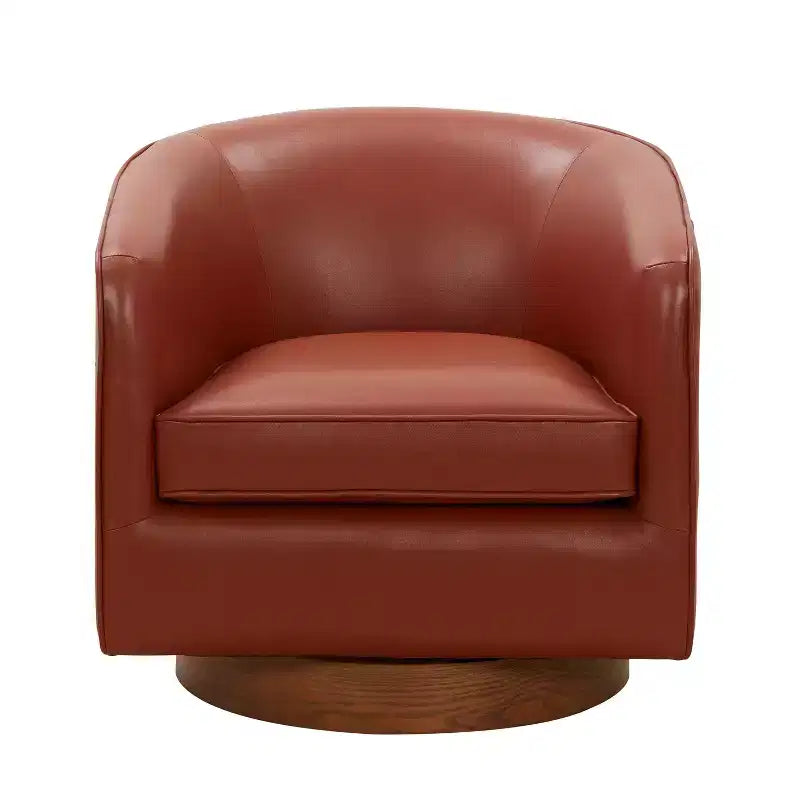 Poltrona girevole a 360° Okak in pelle pieno fiore con morbido cuscino, poltrona a barilotto con base in legno per soggiorno, ufficio, camera da letto