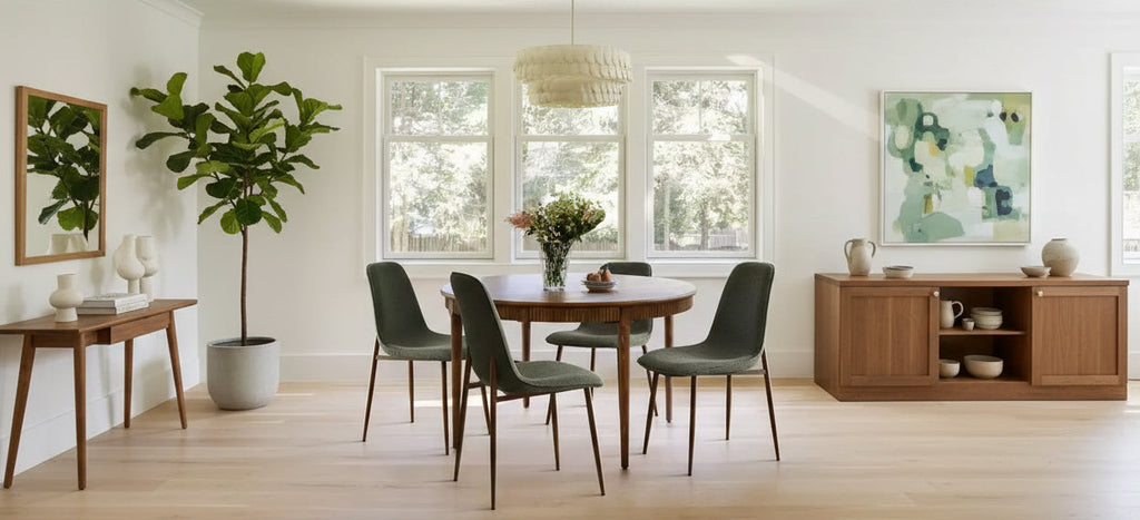 Sedie moderne da pranzo imbottite, sedie accentate senza braccioli in tessuto con schienale curvo e gambe in metallo color noce per sala da pranzo
