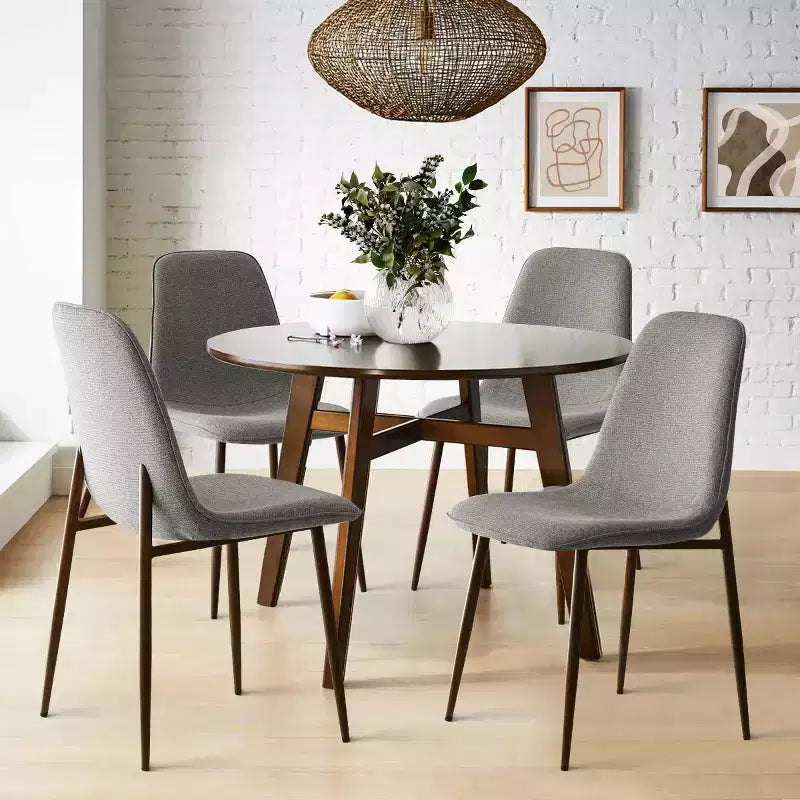 Sedie moderne da pranzo imbottite, sedie accentate senza braccioli in tessuto con schienale curvo e gambe in metallo color noce per sala da pranzo