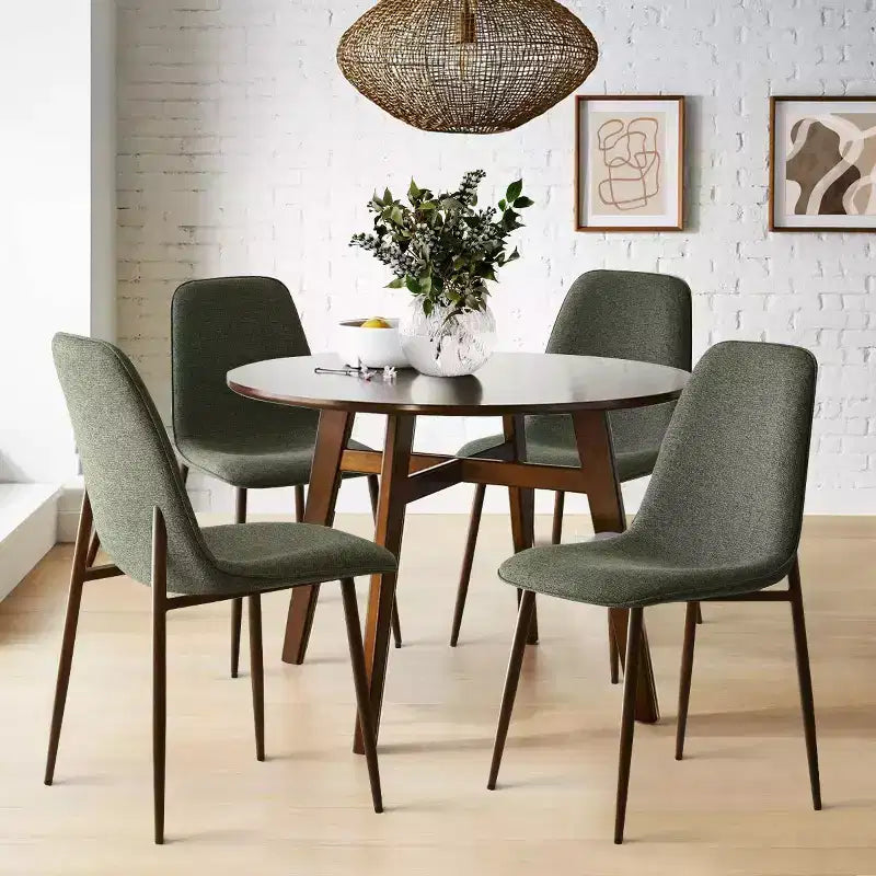 Sedie moderne da pranzo imbottite, sedie accentate senza braccioli in tessuto con schienale curvo e gambe in metallo color noce per sala da pranzo