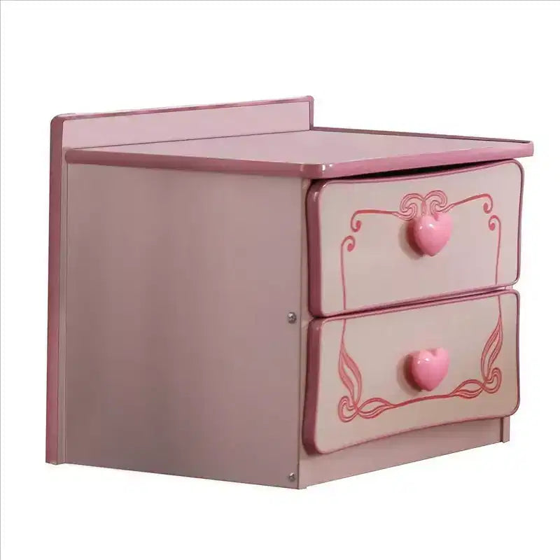 Comodino in legno a 2 cassetti con pomelli a cuore, rosa