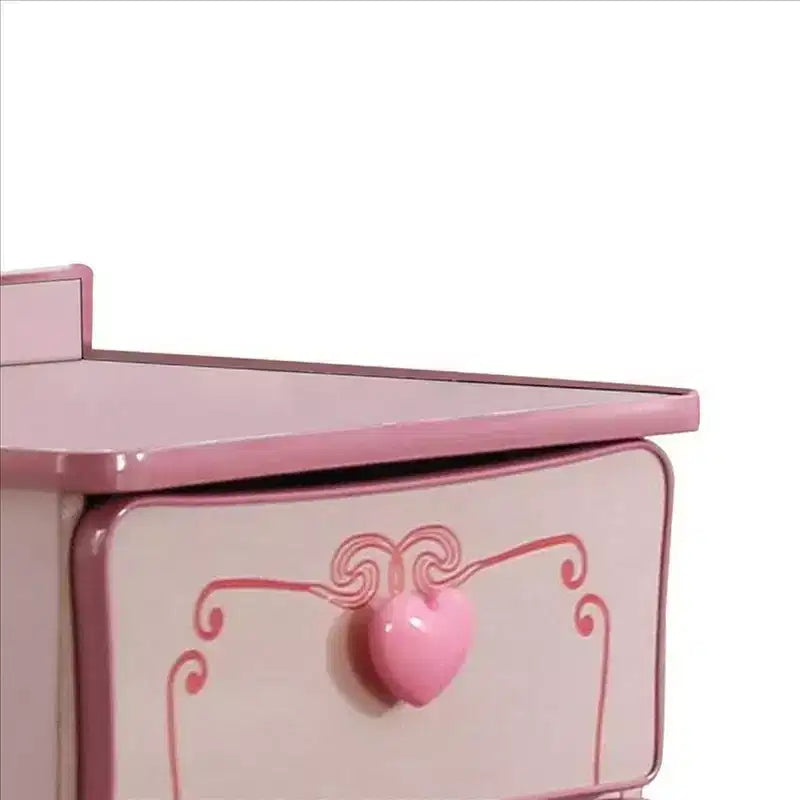 Comodino in legno a 2 cassetti con pomelli a cuore, rosa