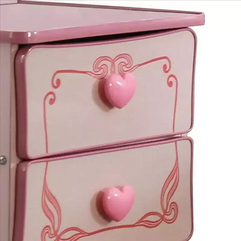 Comodino in legno a 2 cassetti con pomelli a cuore, rosa
