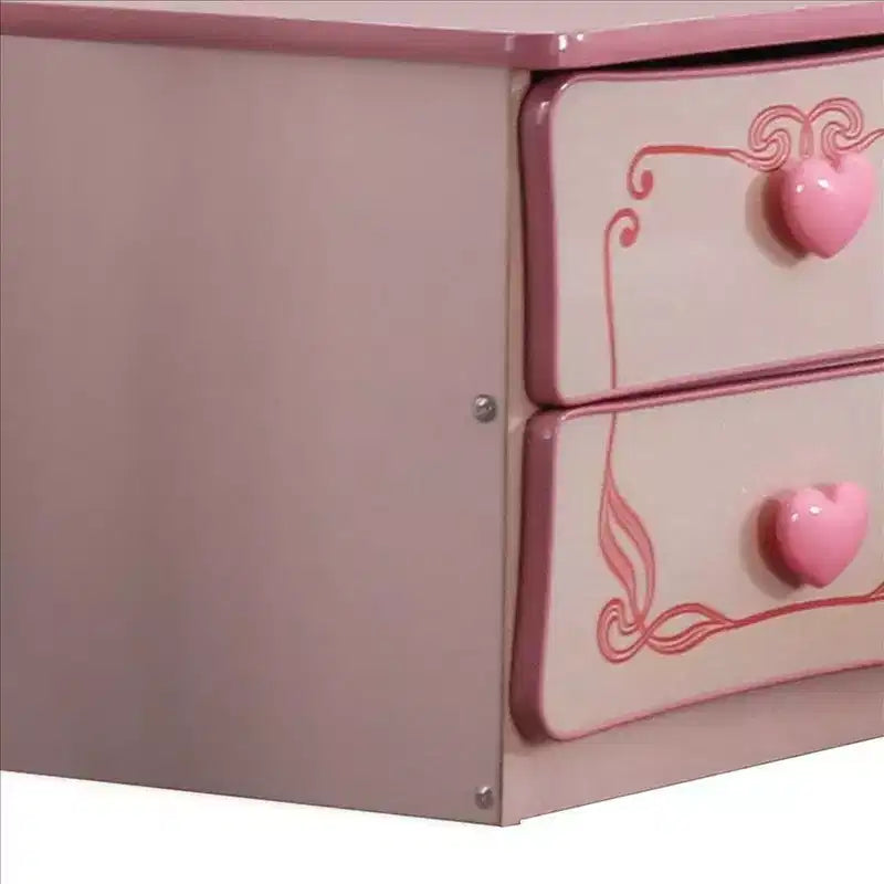 Comodino in legno a 2 cassetti con pomelli a cuore, rosa