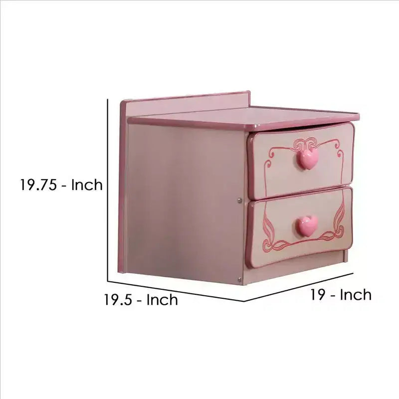 Comodino in legno a 2 cassetti con pomelli a cuore, rosa