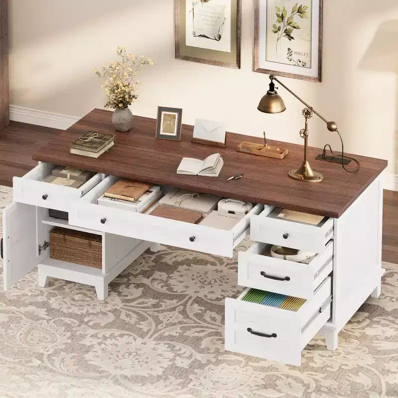 Scrivania Direzionale con Cassetti e Stazione di Ricarica, Scrivania per Computer da 53,54 Pollici Stile Rustico con Archivio, Postazione di Lavoro per Ufficio Domestico, Noce Bianco