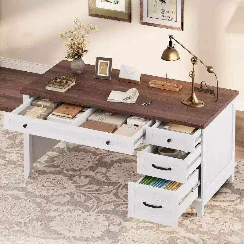 Acekool Executive Desk with Drawers and Charging Station, 53.54 Farmhouse Computer Desk with File Cabinet, Home Office Workstation, White Walnut