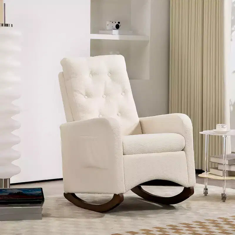 Sedia a dondolo imbottita, sedia a dondolo moderna con schienale a orecchioni, comoda poltrona, gambe in legno di caucciù, schienale alto e tasca laterale