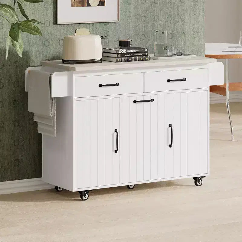 Pexfix Kitchen Island with Trash Can Storage Cabinet Kitchen Cart with Drop Leaf & Spice Rack & Towel Rack and Drawer with Adjustable Shelf White