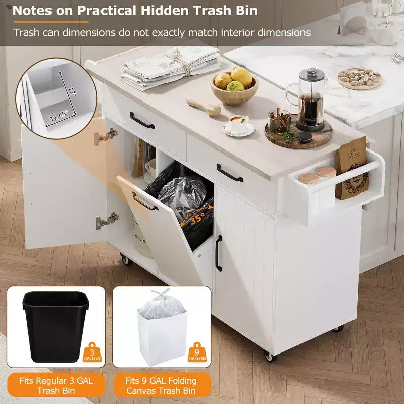 Isola da Cucina con Mobile Contenitore per Pattumiera, Carrello da Cucina con Ribalta e Portaspezie e Portasciugamani e Cassetto con Ripiano Regolabile Bianco