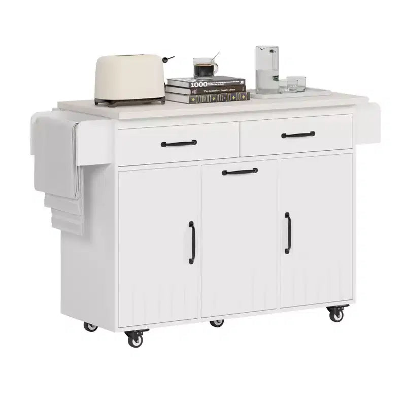 Isola da Cucina con Mobile Contenitore per Pattumiera, Carrello da Cucina con Ribalta e Portaspezie e Portasciugamani e Cassetto con Ripiano Regolabile Bianco