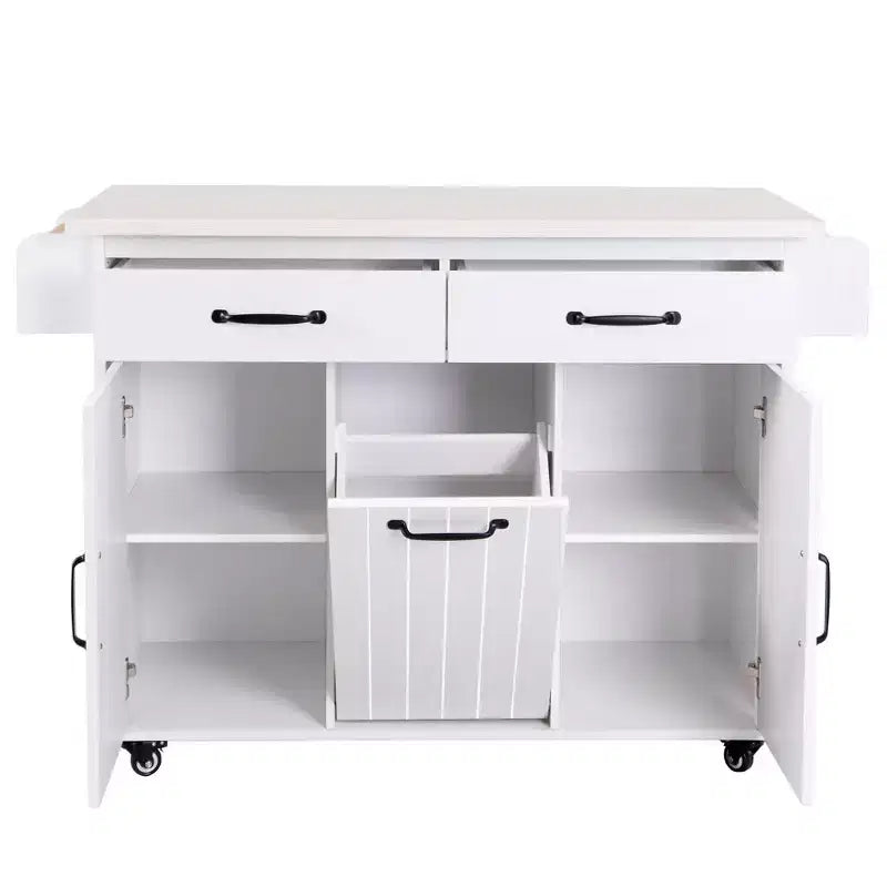 Isola da Cucina con Mobile Contenitore per Pattumiera, Carrello da Cucina con Ribalta e Portaspezie e Portasciugamani e Cassetto con Ripiano Regolabile Bianco