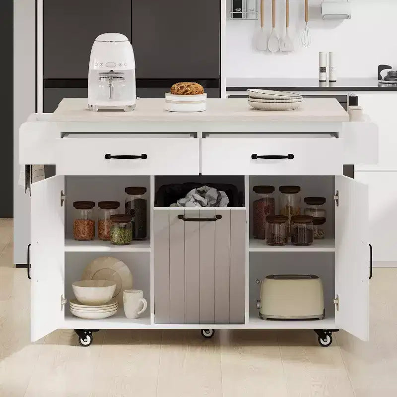 Isola da Cucina con Mobile Contenitore per Pattumiera, Carrello da Cucina con Ribalta e Portaspezie e Portasciugamani e Cassetto con Ripiano Regolabile Bianco