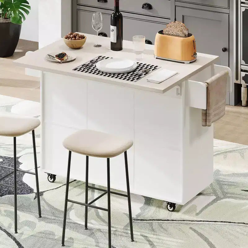 Isola da Cucina con Mobile Contenitore per Pattumiera, Carrello da Cucina con Ribalta e Portaspezie e Portasciugamani e Cassetto con Ripiano Regolabile Bianco