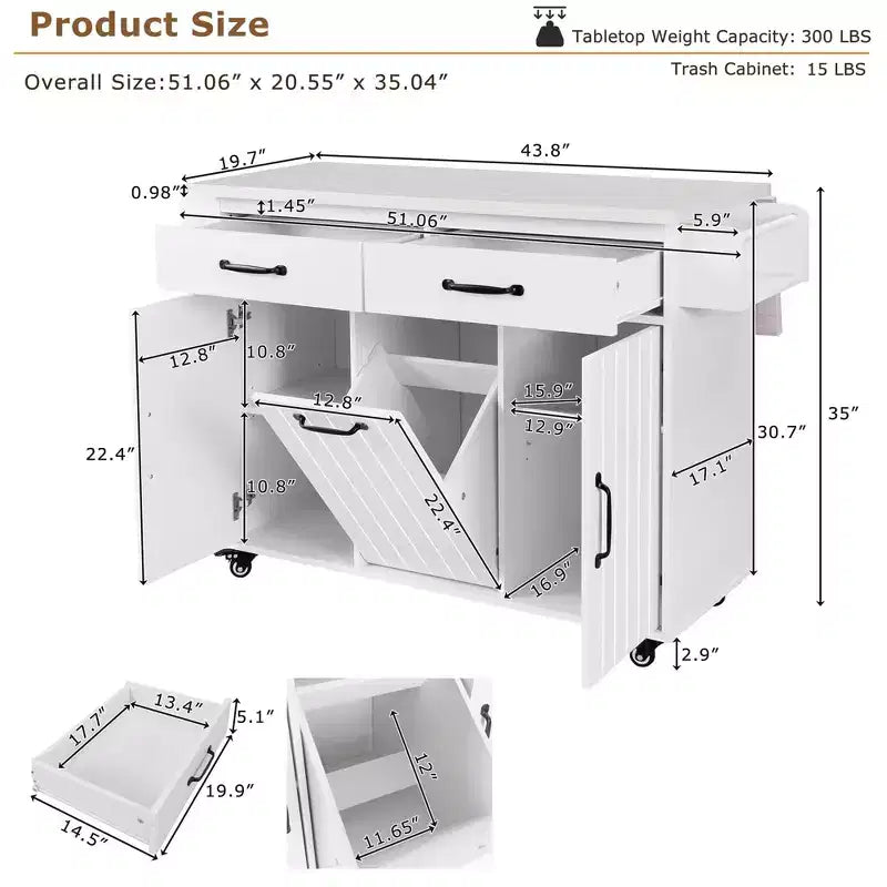 Isola da Cucina con Mobile Contenitore per Pattumiera, Carrello da Cucina con Ribalta e Portaspezie e Portasciugamani e Cassetto con Ripiano Regolabile Bianco