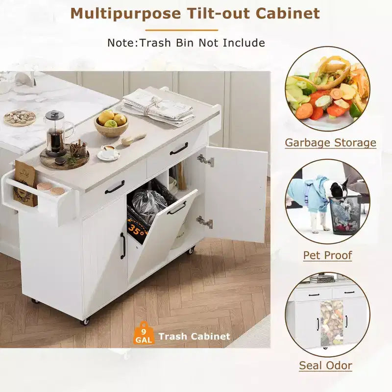 Isola da Cucina con Mobile Contenitore per Pattumiera, Carrello da Cucina con Ribalta e Portaspezie e Portasciugamani e Cassetto con Ripiano Regolabile Bianco