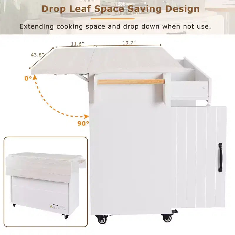 Isola da Cucina con Mobile Contenitore per Pattumiera, Carrello da Cucina con Ribalta e Portaspezie e Portasciugamani e Cassetto con Ripiano Regolabile Bianco
