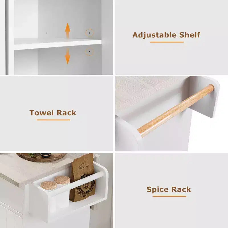 Isola da Cucina con Mobile Contenitore per Pattumiera, Carrello da Cucina con Ribalta e Portaspezie e Portasciugamani e Cassetto con Ripiano Regolabile Bianco