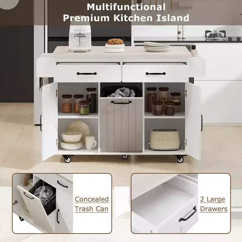 Isola da Cucina con Mobile Contenitore per Pattumiera, Carrello da Cucina con Ribalta e Portaspezie e Portasciugamani e Cassetto con Ripiano Regolabile Bianco