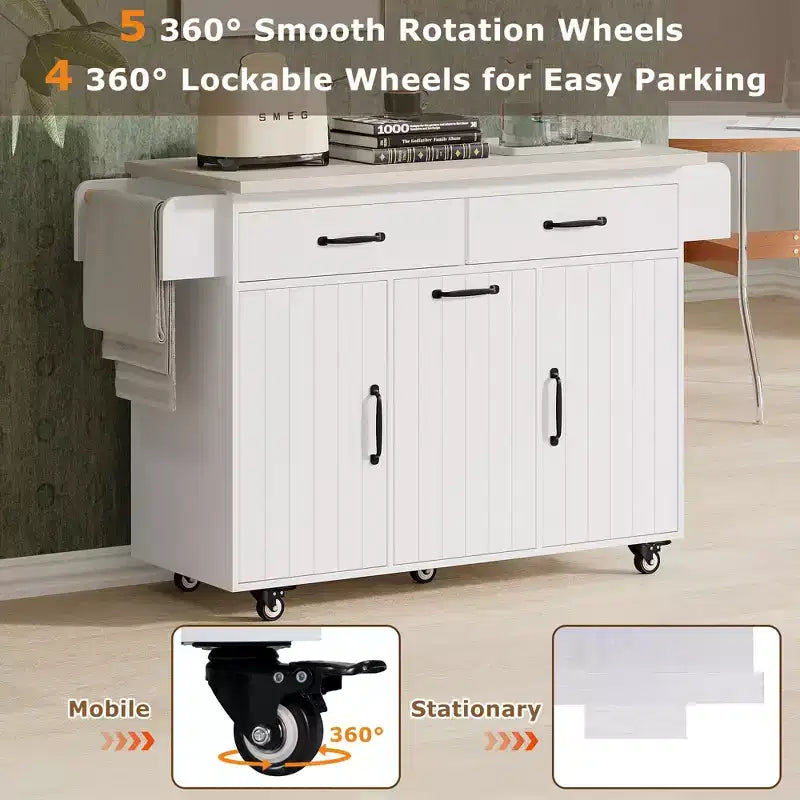 Isola da Cucina con Mobile Contenitore per Pattumiera, Carrello da Cucina con Ribalta e Portaspezie e Portasciugamani e Cassetto con Ripiano Regolabile Bianco