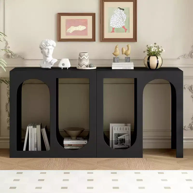Tavolino consolle modulare, tavolino stretto e lungo, tavolo da ingresso con esterno rettangolare e design curvo per soggiorno, nero