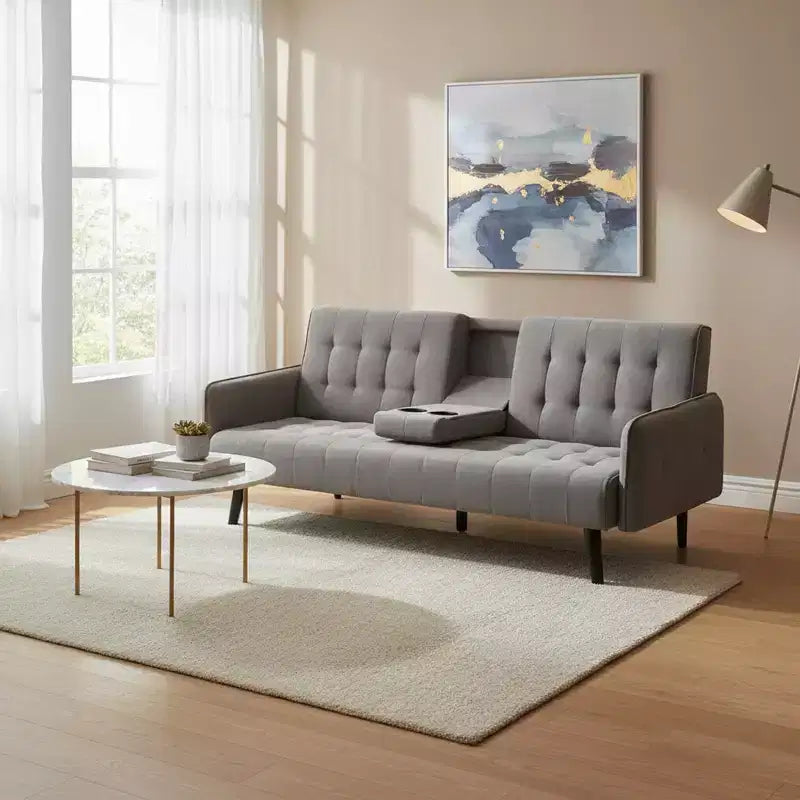 Divano Letto Trasformabile con Portabicchieri e Tavolino Abbattibile, per Salotto