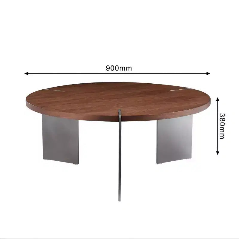 Tavolino Rotondo da Caffè con Piano in Legno di Noce e Base in Metallo Nero, Centro Tavola Moderno per Salotto