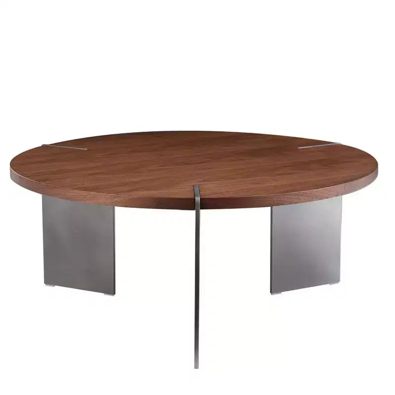 Tavolino Rotondo da Caffè con Piano in Legno di Noce e Base in Metallo Nero, Centro Tavola Moderno per Salotto