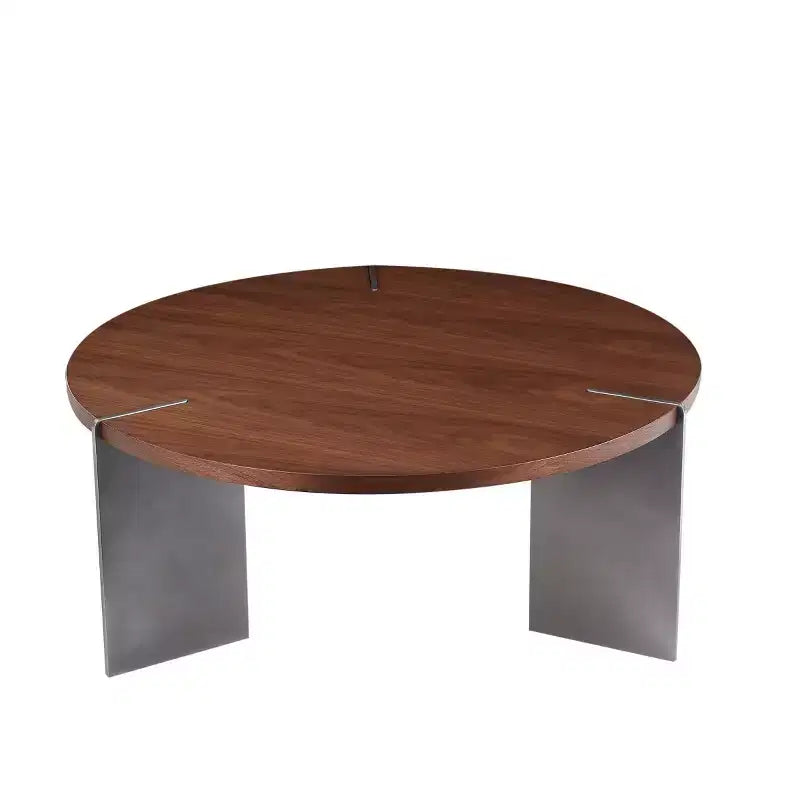 Tavolino Rotondo da Caffè con Piano in Legno di Noce e Base in Metallo Nero, Centro Tavola Moderno per Salotto