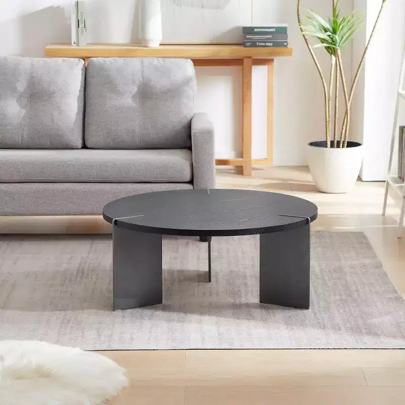 Tavolino Rotondo da Caffè con Piano in Legno di Noce e Base in Metallo Nero, Centro Tavola Moderno per Salotto