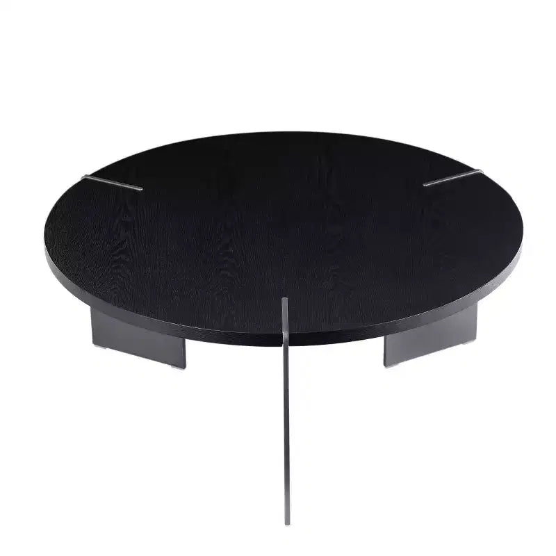 Tavolino Rotondo da Caffè con Piano in Legno di Noce e Base in Metallo Nero, Centro Tavola Moderno per Salotto