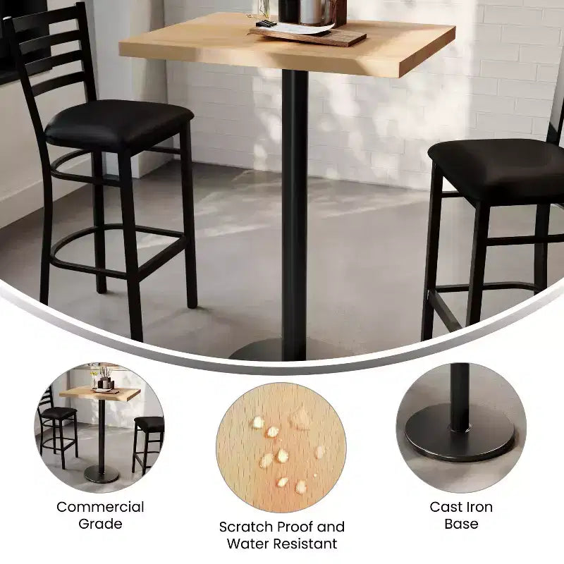 Piano da tavolo commerciale per interni in legno massello rettangolare Bennett con base in ghisa resistente alla ruggine con altezza bancone rotonda da 18"