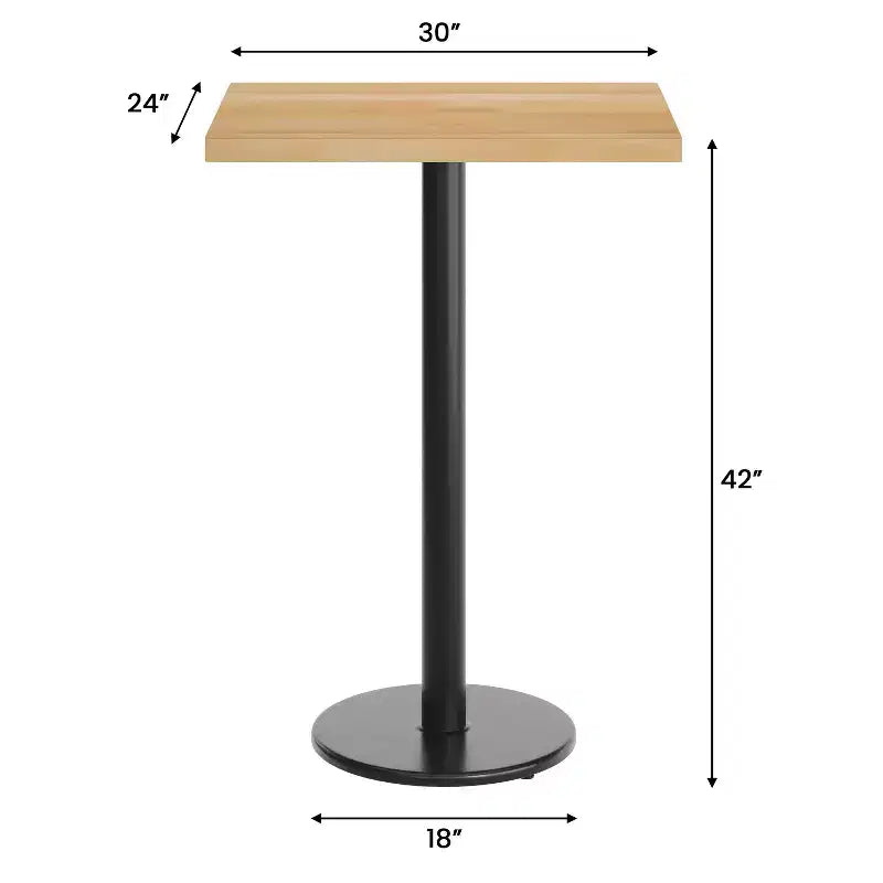 Piano da tavolo commerciale per interni in legno massello rettangolare Bennett con base in ghisa resistente alla ruggine con altezza bancone rotonda da 18"