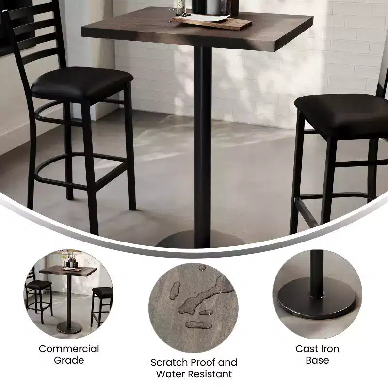 Piano da tavolo commerciale per interni in legno massello rettangolare Bennett con base in ghisa resistente alla ruggine con altezza bancone rotonda da 18"