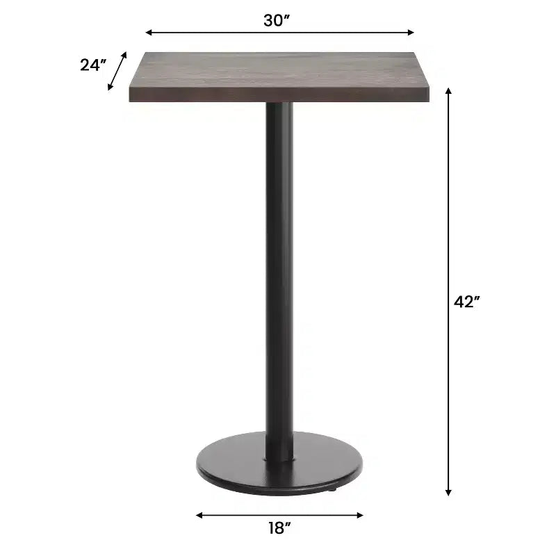 Piano da tavolo commerciale per interni in legno massello rettangolare Bennett con base in ghisa resistente alla ruggine con altezza bancone rotonda da 18"