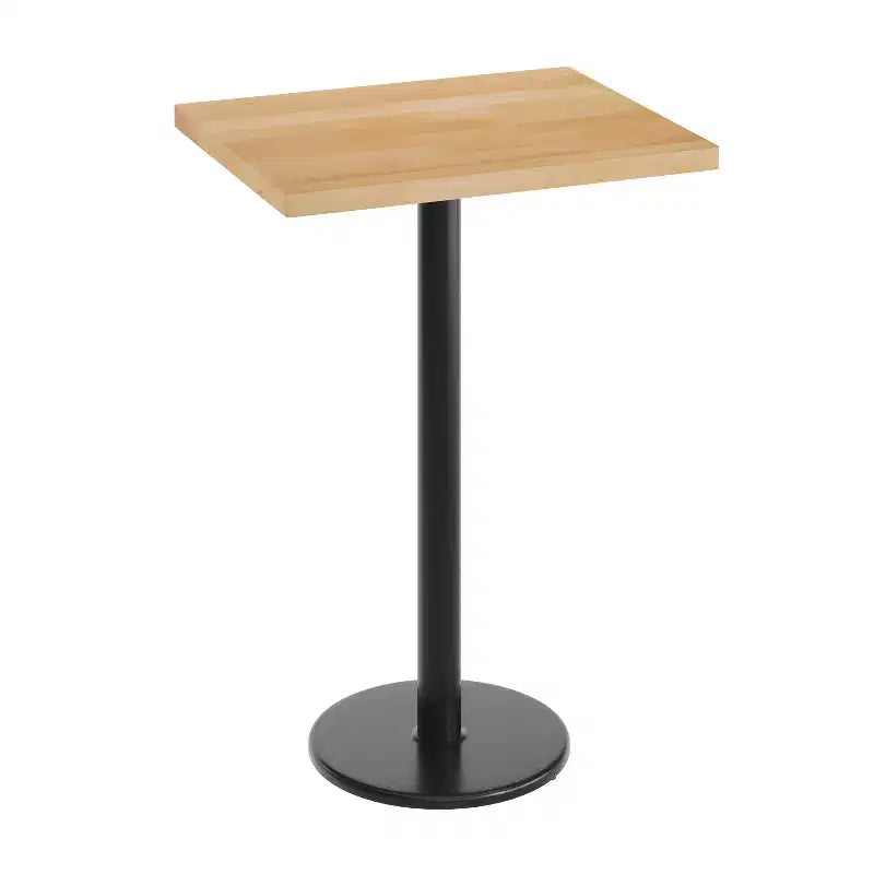Piano da tavolo commerciale per interni in legno massello rettangolare Bennett con base in ghisa resistente alla ruggine con altezza bancone rotonda da 18"